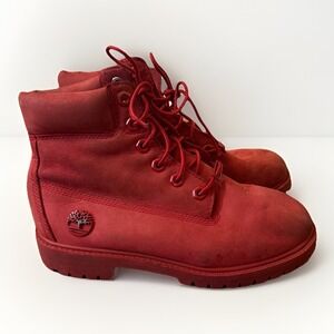 Timberland Premium Boys Size 4 Waterproof Boots Ruby Nubuck Red Lace Up